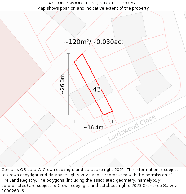 43, LORDSWOOD CLOSE, REDDITCH, B97 5YD: Plot and title map