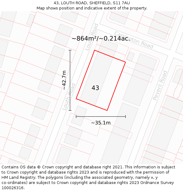 43, LOUTH ROAD, SHEFFIELD, S11 7AU: Plot and title map