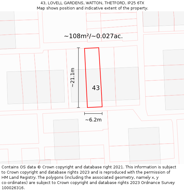 43, LOVELL GARDENS, WATTON, THETFORD, IP25 6TX: Plot and title map