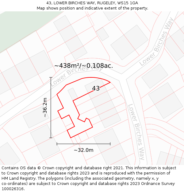 43, LOWER BIRCHES WAY, RUGELEY, WS15 1GA: Plot and title map