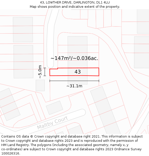 43, LOWTHER DRIVE, DARLINGTON, DL1 4LU: Plot and title map