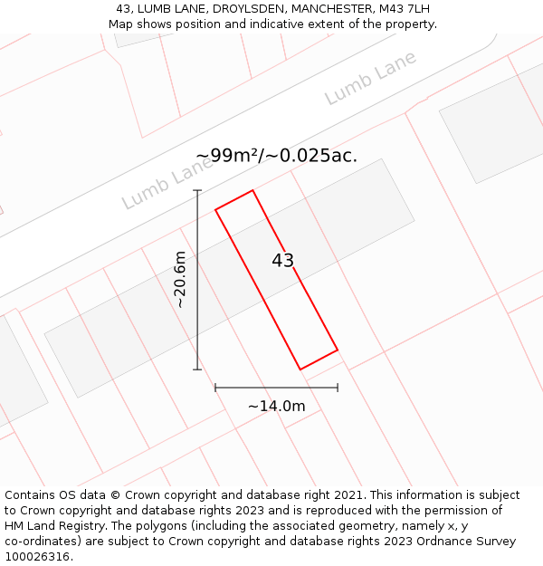 43, LUMB LANE, DROYLSDEN, MANCHESTER, M43 7LH: Plot and title map