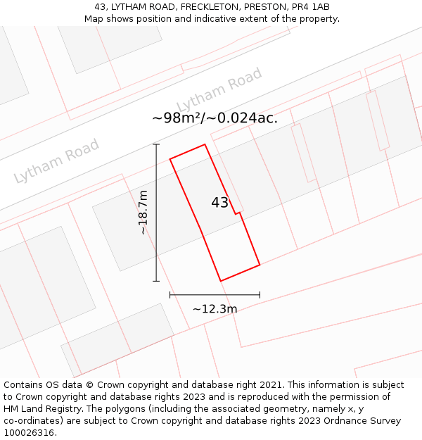 43, LYTHAM ROAD, FRECKLETON, PRESTON, PR4 1AB: Plot and title map