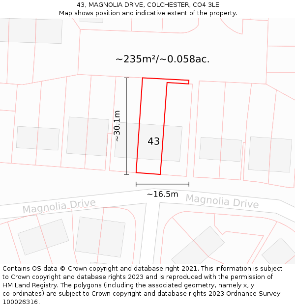 43, MAGNOLIA DRIVE, COLCHESTER, CO4 3LE: Plot and title map