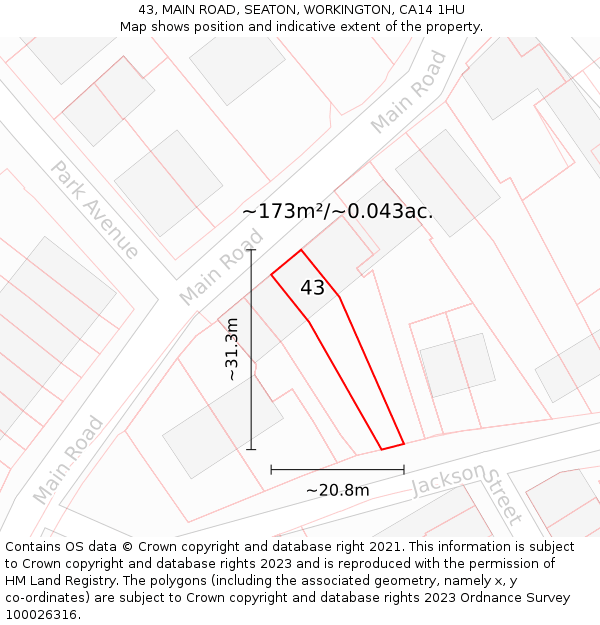 43, MAIN ROAD, SEATON, WORKINGTON, CA14 1HU: Plot and title map