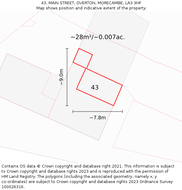 43, MAIN STREET, OVERTON, MORECAMBE, LA3 3HF: Plot and title map