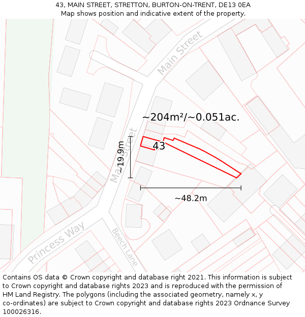 43, MAIN STREET, STRETTON, BURTON-ON-TRENT, DE13 0EA: Plot and title map