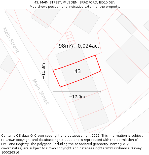 43, MAIN STREET, WILSDEN, BRADFORD, BD15 0EN: Plot and title map