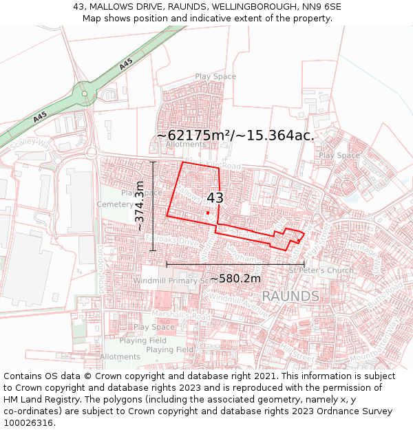 43, MALLOWS DRIVE, RAUNDS, WELLINGBOROUGH, NN9 6SE: Plot and title map