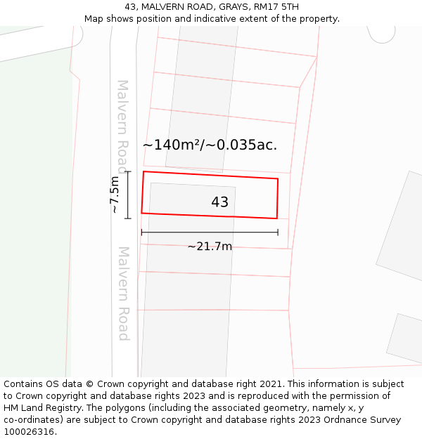 43, MALVERN ROAD, GRAYS, RM17 5TH: Plot and title map