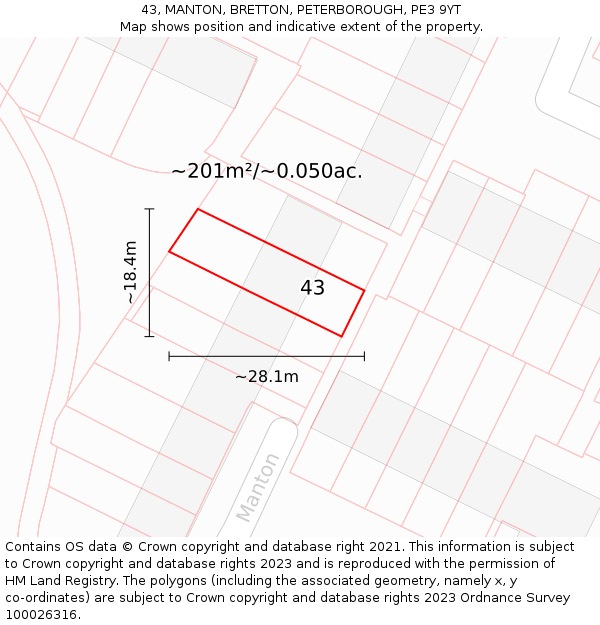 43, MANTON, BRETTON, PETERBOROUGH, PE3 9YT: Plot and title map