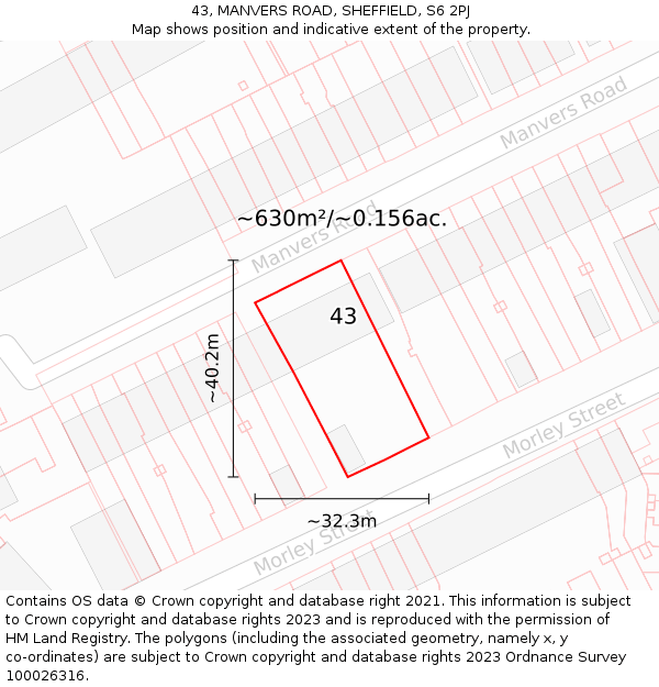 43, MANVERS ROAD, SHEFFIELD, S6 2PJ: Plot and title map
