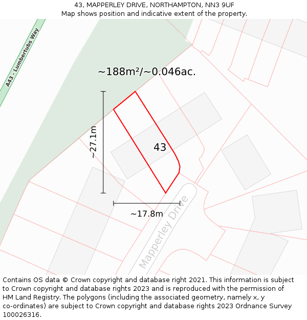 43, MAPPERLEY DRIVE, NORTHAMPTON, NN3 9UF: Plot and title map