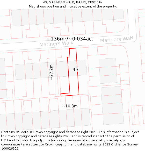 43, MARINERS WALK, BARRY, CF62 5AY: Plot and title map