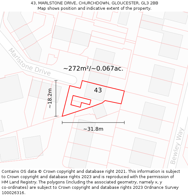 43, MARLSTONE DRIVE, CHURCHDOWN, GLOUCESTER, GL3 2BB: Plot and title map