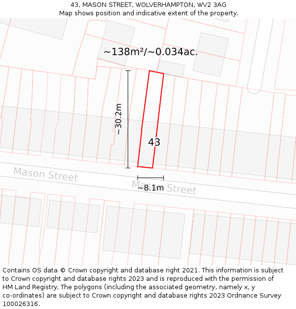 43, MASON STREET, WOLVERHAMPTON, WV2 3AG: Plot and title map