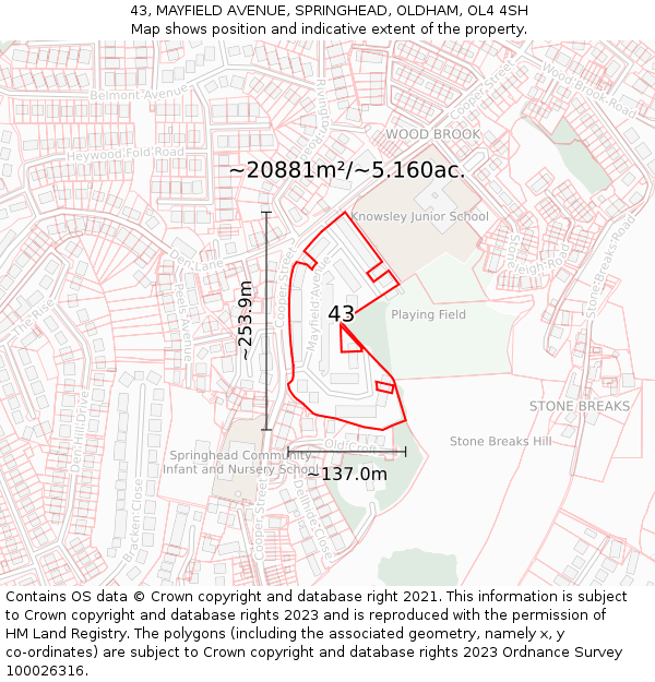 43, MAYFIELD AVENUE, SPRINGHEAD, OLDHAM, OL4 4SH: Plot and title map