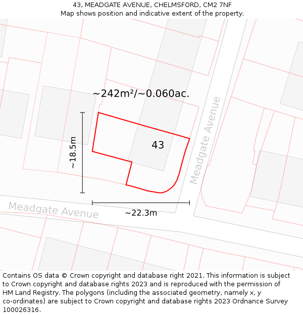 43, MEADGATE AVENUE, CHELMSFORD, CM2 7NF: Plot and title map