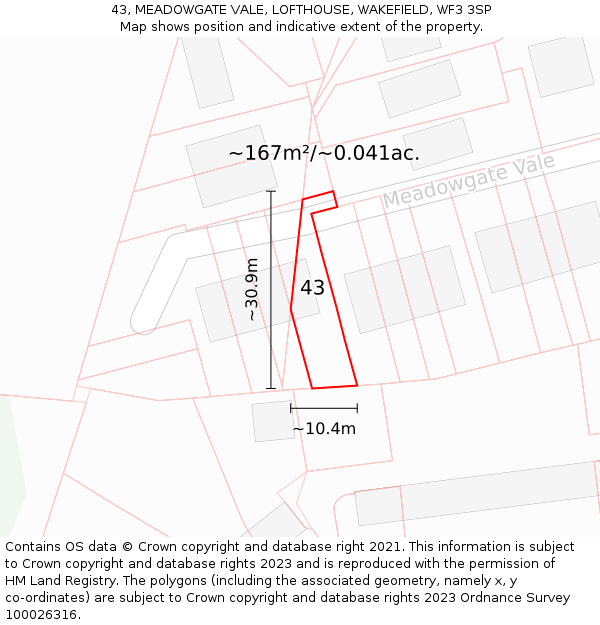 43, MEADOWGATE VALE, LOFTHOUSE, WAKEFIELD, WF3 3SP: Plot and title map