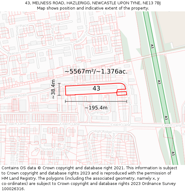 43, MELNESS ROAD, HAZLERIGG, NEWCASTLE UPON TYNE, NE13 7BJ: Plot and title map