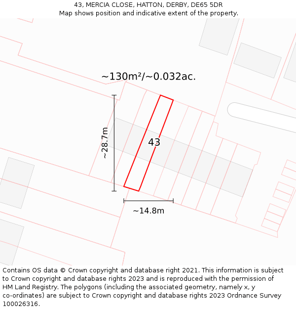43, MERCIA CLOSE, HATTON, DERBY, DE65 5DR: Plot and title map