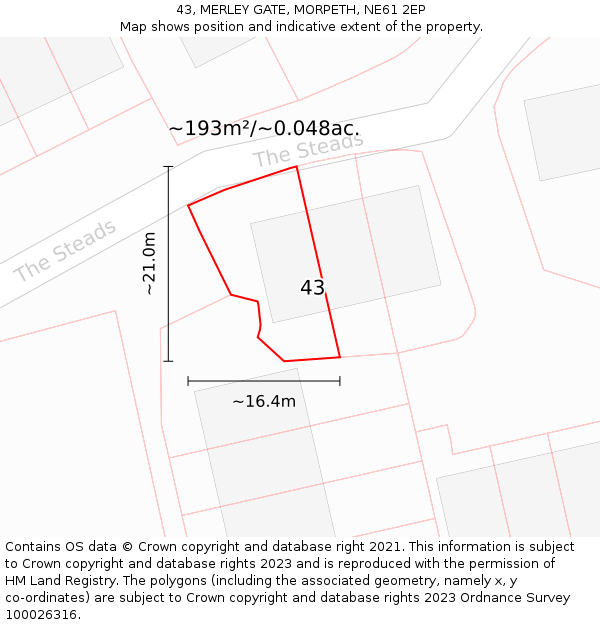 43, MERLEY GATE, MORPETH, NE61 2EP: Plot and title map