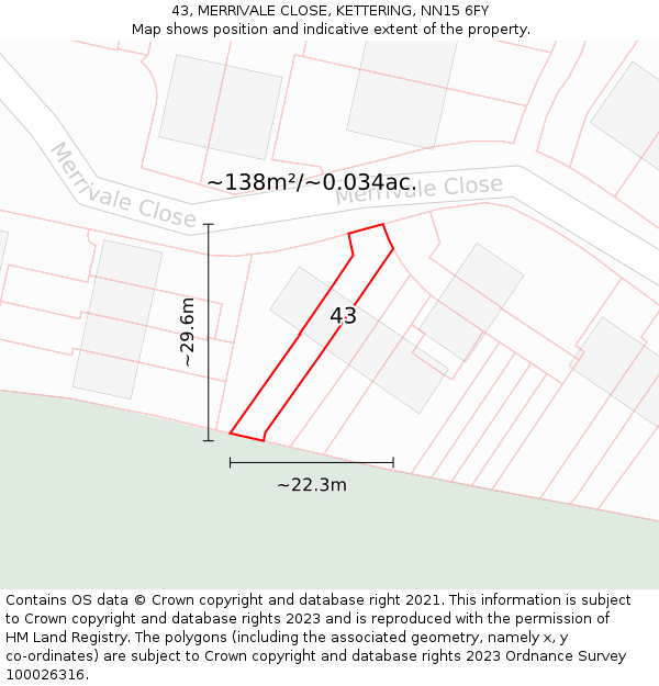 43, MERRIVALE CLOSE, KETTERING, NN15 6FY: Plot and title map