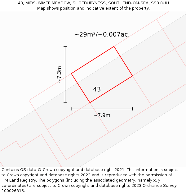 43, MIDSUMMER MEADOW, SHOEBURYNESS, SOUTHEND-ON-SEA, SS3 8UU: Plot and title map