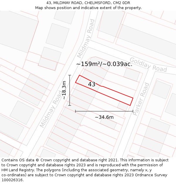 43, MILDMAY ROAD, CHELMSFORD, CM2 0DR: Plot and title map