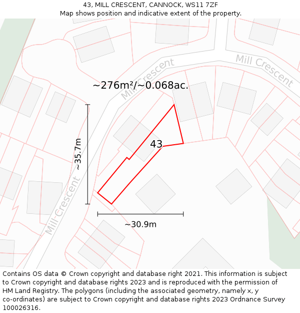 43, MILL CRESCENT, CANNOCK, WS11 7ZF: Plot and title map