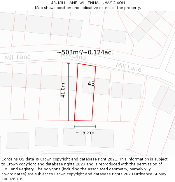 43, MILL LANE, WILLENHALL, WV12 4QH: Plot and title map