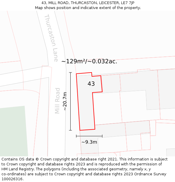 43, MILL ROAD, THURCASTON, LEICESTER, LE7 7JP: Plot and title map