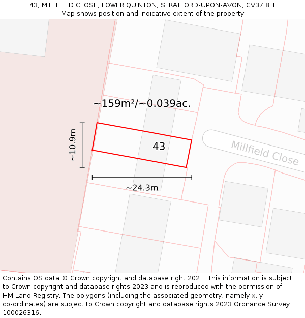 43, MILLFIELD CLOSE, LOWER QUINTON, STRATFORD-UPON-AVON, CV37 8TF: Plot and title map