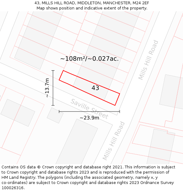 43, MILLS HILL ROAD, MIDDLETON, MANCHESTER, M24 2EF: Plot and title map