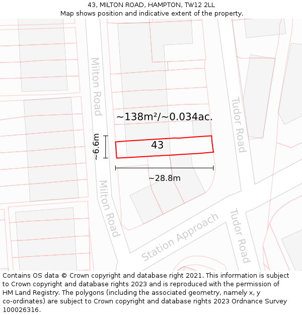 43, MILTON ROAD, HAMPTON, TW12 2LL: Plot and title map