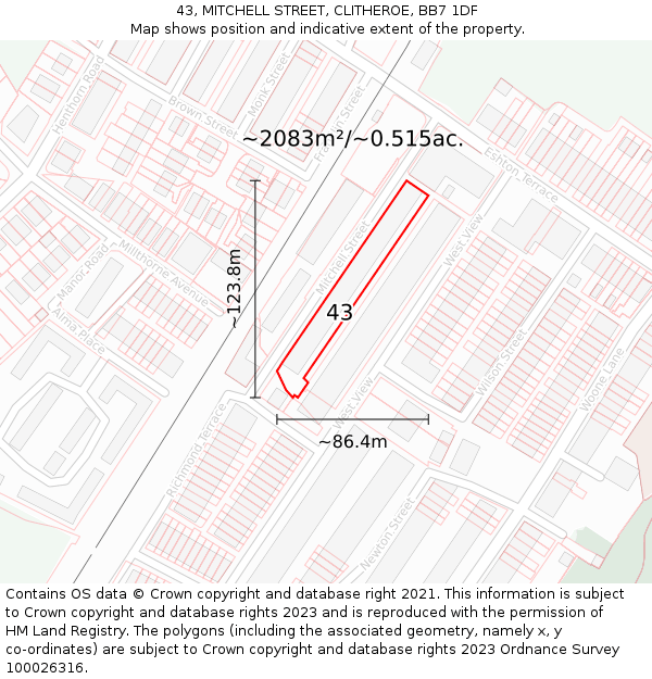 43, MITCHELL STREET, CLITHEROE, BB7 1DF: Plot and title map