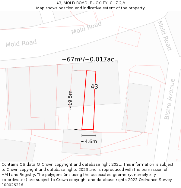 43, MOLD ROAD, BUCKLEY, CH7 2JA: Plot and title map