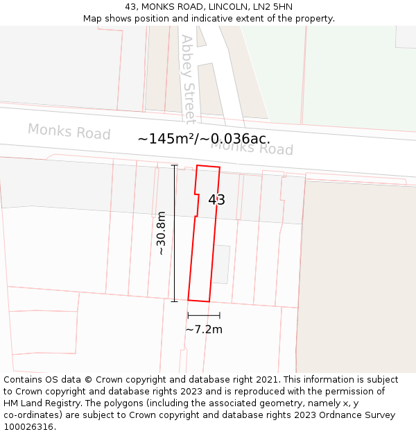 43, MONKS ROAD, LINCOLN, LN2 5HN: Plot and title map