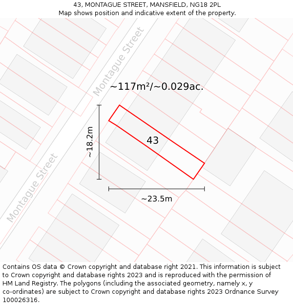 43, MONTAGUE STREET, MANSFIELD, NG18 2PL: Plot and title map