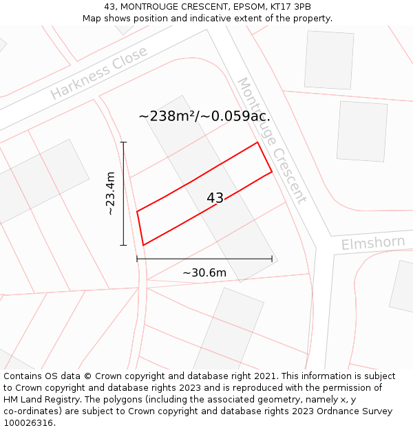 43, MONTROUGE CRESCENT, EPSOM, KT17 3PB: Plot and title map