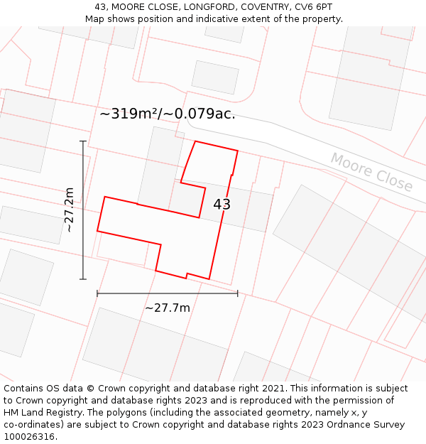 43, MOORE CLOSE, LONGFORD, COVENTRY, CV6 6PT: Plot and title map