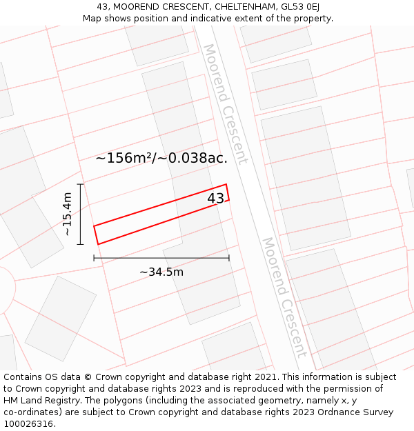 43, MOOREND CRESCENT, CHELTENHAM, GL53 0EJ: Plot and title map