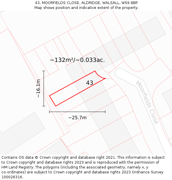 43, MOORFIELDS CLOSE, ALDRIDGE, WALSALL, WS9 8BP: Plot and title map