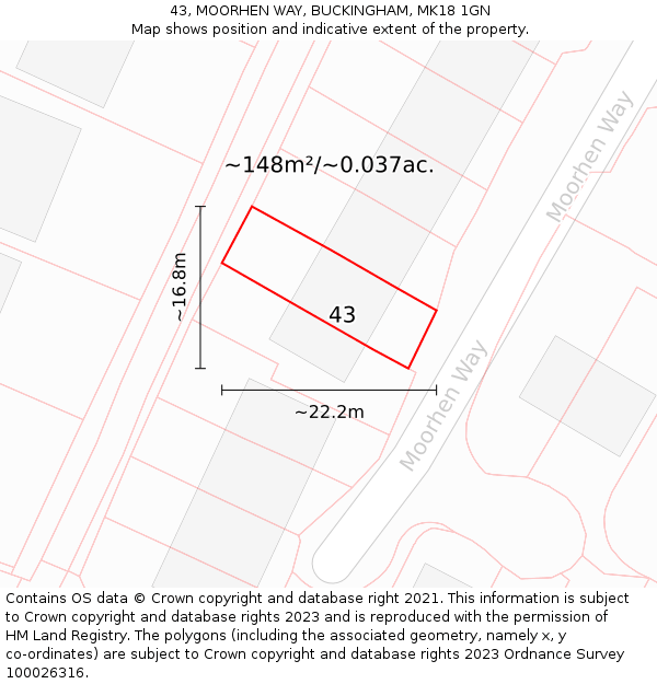 43, MOORHEN WAY, BUCKINGHAM, MK18 1GN: Plot and title map