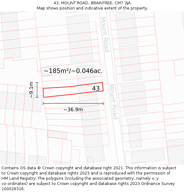 43, MOUNT ROAD, BRAINTREE, CM7 3JA: Plot and title map