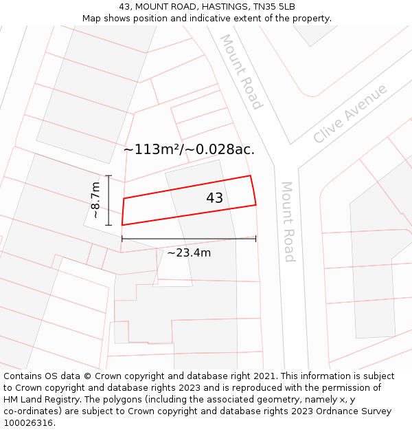 43, MOUNT ROAD, HASTINGS, TN35 5LB: Plot and title map