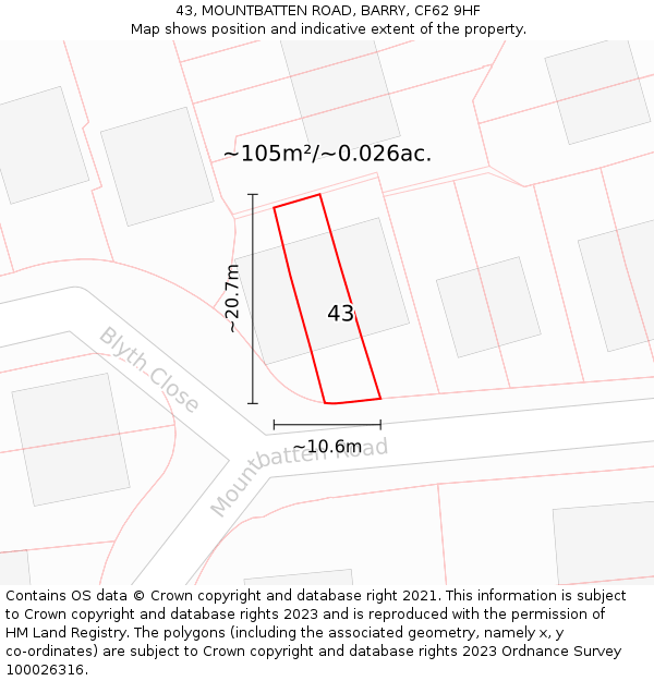43, MOUNTBATTEN ROAD, BARRY, CF62 9HF: Plot and title map