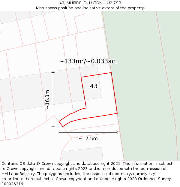 43, MUIRFIELD, LUTON, LU2 7SB: Plot and title map