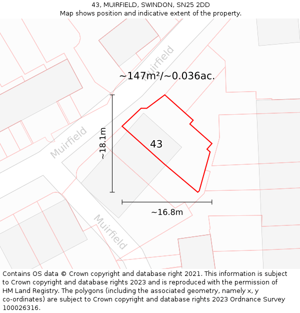 43, MUIRFIELD, SWINDON, SN25 2DD: Plot and title map