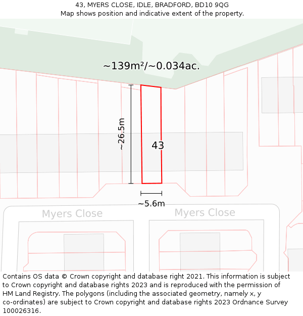 43, MYERS CLOSE, IDLE, BRADFORD, BD10 9QG: Plot and title map